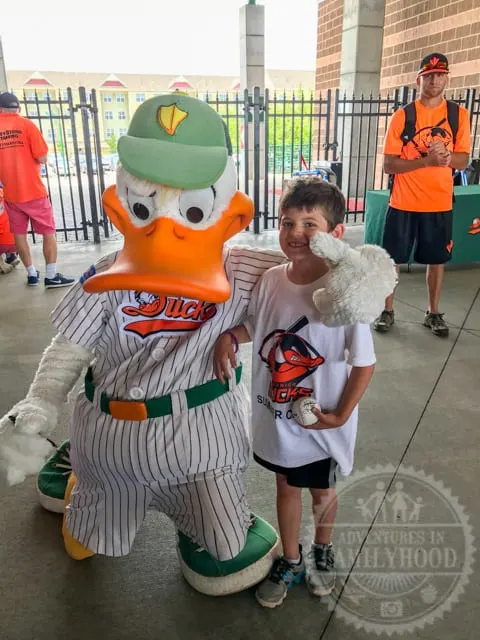 Jackson gets photo and autograph from the Long Island Ducks mascot